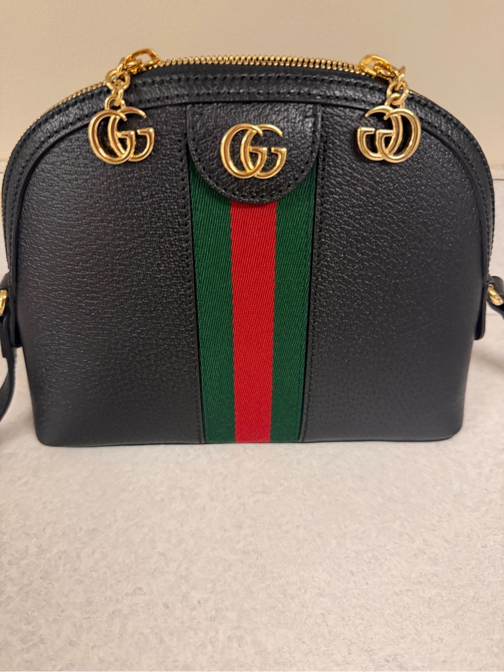 Gucci Black Leather Crossbody with Green and Red Web Stripe and Gold GG